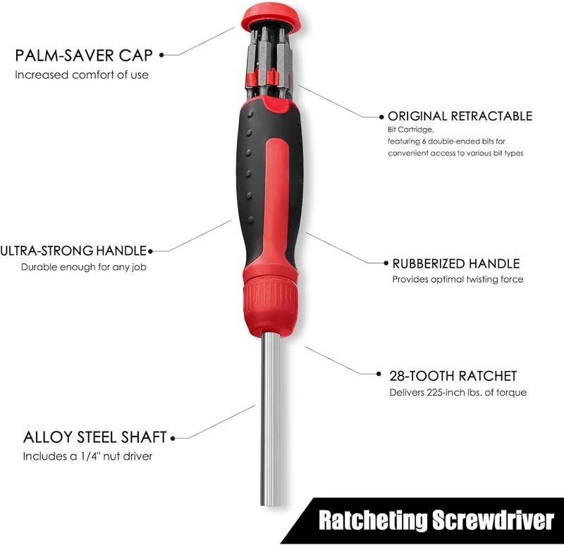 Brass hunter 13-in-1 Ratcheting Screwdriver | Multi-Bit Storage | Retractable Cartridge | Handle with Cushion Grip | ¼" Hex Shaft 、Star, Flat, Square Bit - Red、Black - Image 4